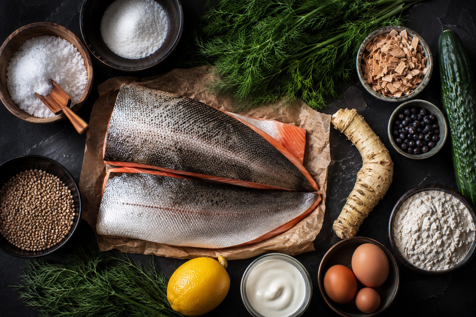 Ingredientes: filetes de trucha, sal, azúcar, eneldo, virutas de manzano, pepino, rábano y trigo sarraceno