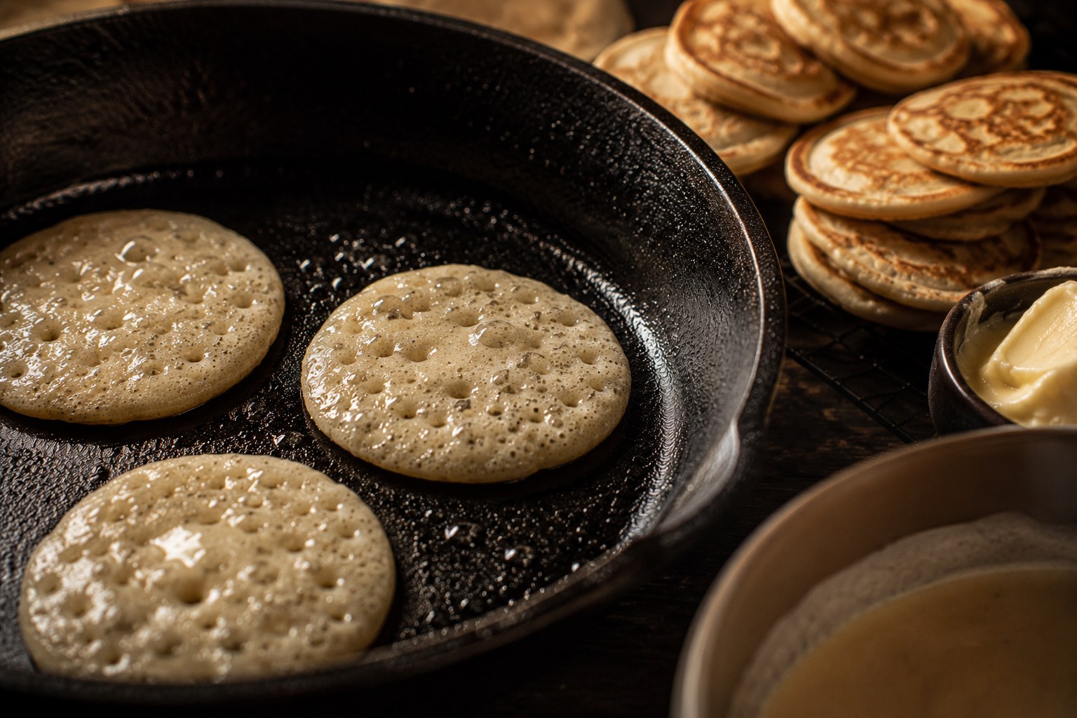 Blinis de trigo sarraceno cociéndose con burbujas en la superficie