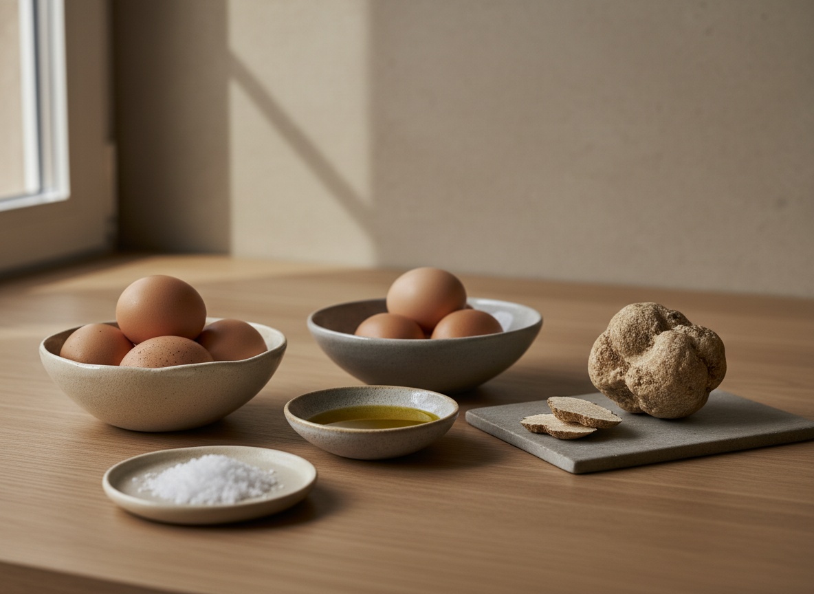 Huevos de campo, aceite de oliva, sal y la trufa blanca de Alba en cuencos vistos de lado sobre roble, con luz de día por la izquierda.