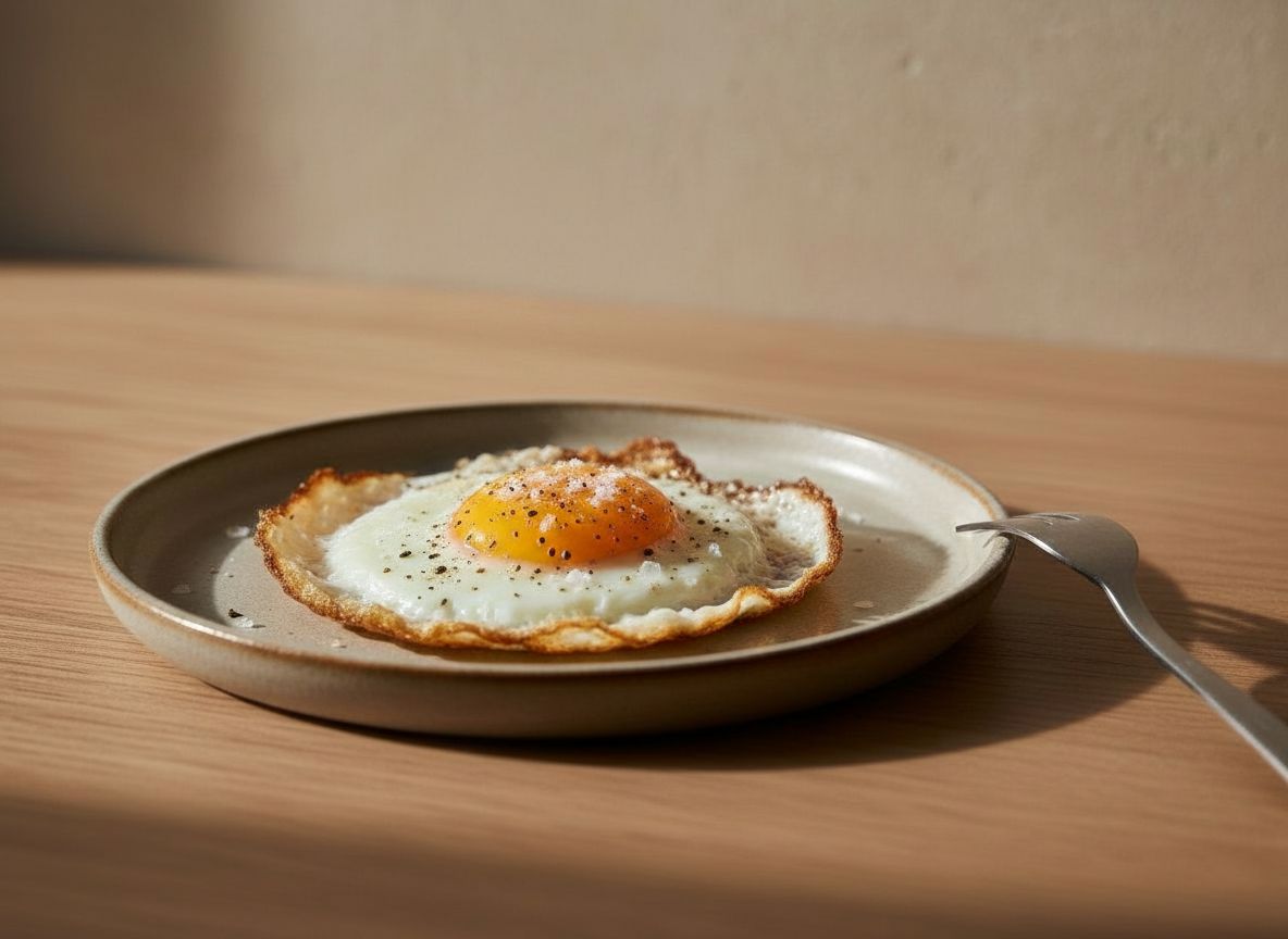 El huevo humeante recién pasado al plato y sazonado con escamas de sal.