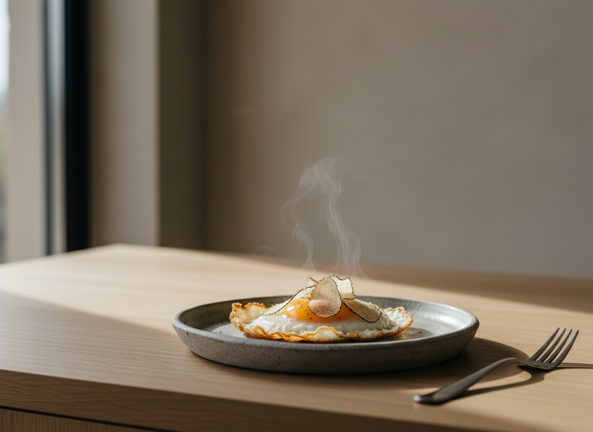 Huevo frito con la yema líquida coronado por láminas de trufa blanca de Alba sobre plato de cerámica artesanal gris piedra.