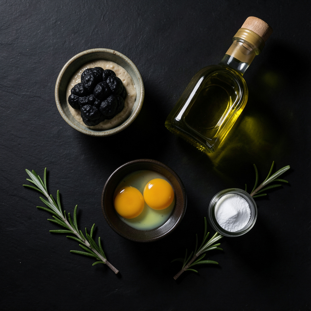 Mise en place completa: trufa negra de Sarrión, cuenco de miso blanco, yemas de huevo campero, aceite de oliva virgen extra y alginato sódico sobre superficie de pizarra negra