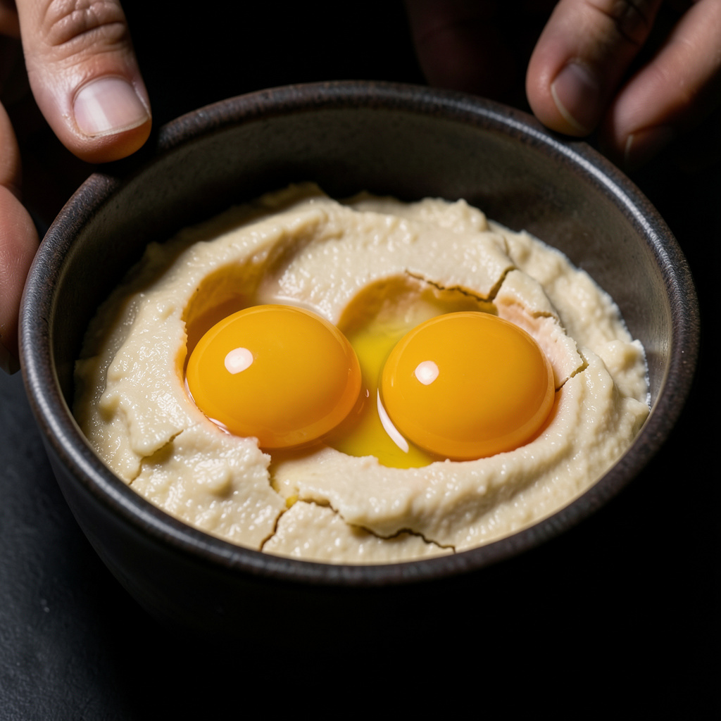 Dos yemas de huevo campero siendo depositadas sobre lecho de miso blanco en recipiente de cerámica oscura, contraste entre el amarillo vivo de la yema y el beige pálido del miso