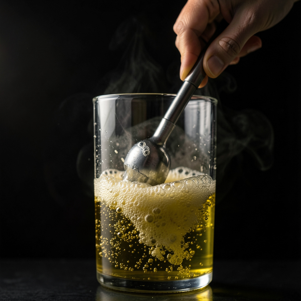 Túrmix batiendo alginato sódico en aceite de oliva virgen extra en vaso alto de cristal, la emulsión burbujeando con vapor visible