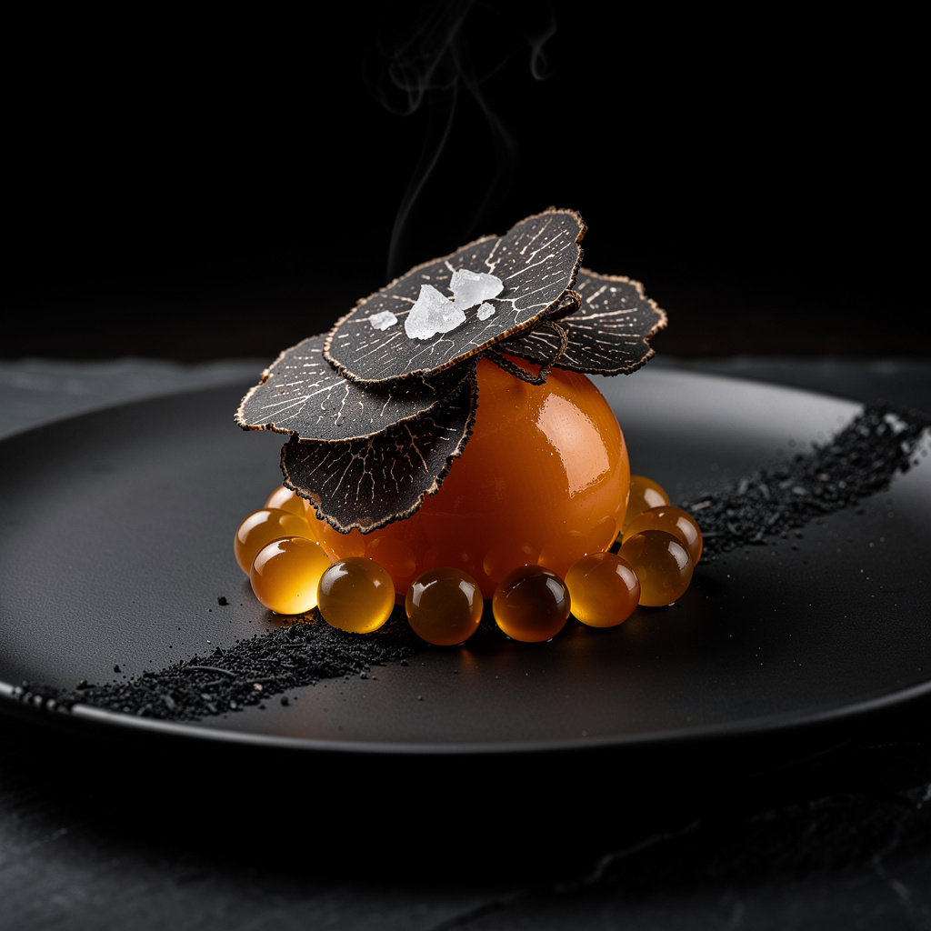 Yema de huevo curada en miso sobre línea de ceniza de romero, cubierta de trufa negra rallada y rodeada de perlas de caviar de aceite de oliva virgen extra, en plato cerámico negro mate