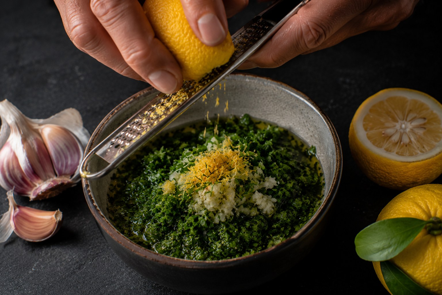 Gremolata de yuzu: ralladura, perejil, ajo y aceite