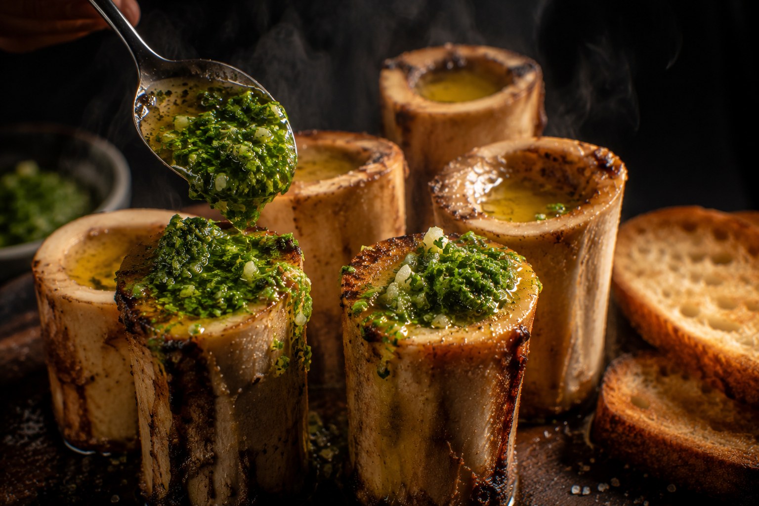 Gremolata de yuzu distribuyéndose sobre el tuétano fundido