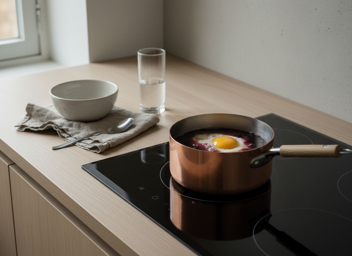 Escalfa los huevos en el vino de uno en uno: crea un remolino suave con una cuchara, casca el huevo antes en un vas