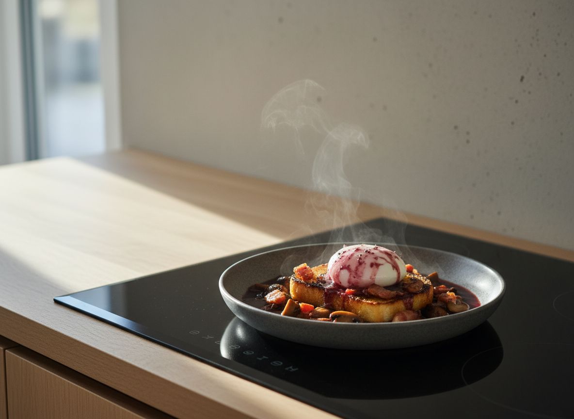 Œufs en meurette: huevo escalfado en vino tinto sobre pan frito con ajo, napado de salsa borgoñona brillante con lardones y champiñones, en plato hondo de cerámica gris piedra