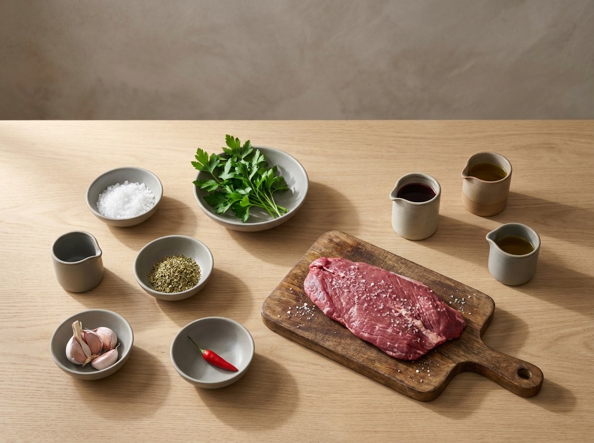 Ingredientes del vacío: pieza de carne, sal gruesa, perejil, ajo, orégano, chili, vinagre y aceite
