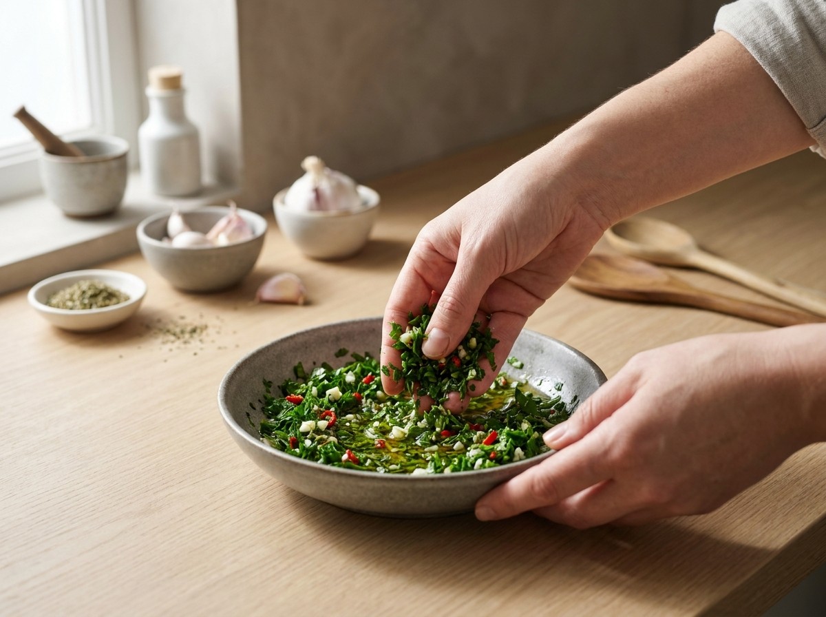 Chimichurri de perejil, ajo y orégano mezclándose en un bol