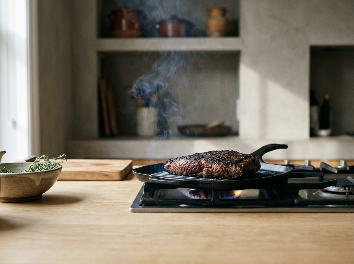 Vacío volteado asándose por el lado de la carne