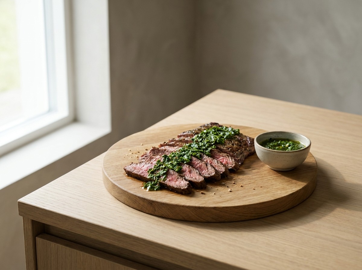 Vacío argentino en tabla de roble: lonchas jugosas de carne rosada con costra a la parrilla, napadas con chimichurri verde y un cuenco de salsa al lado.