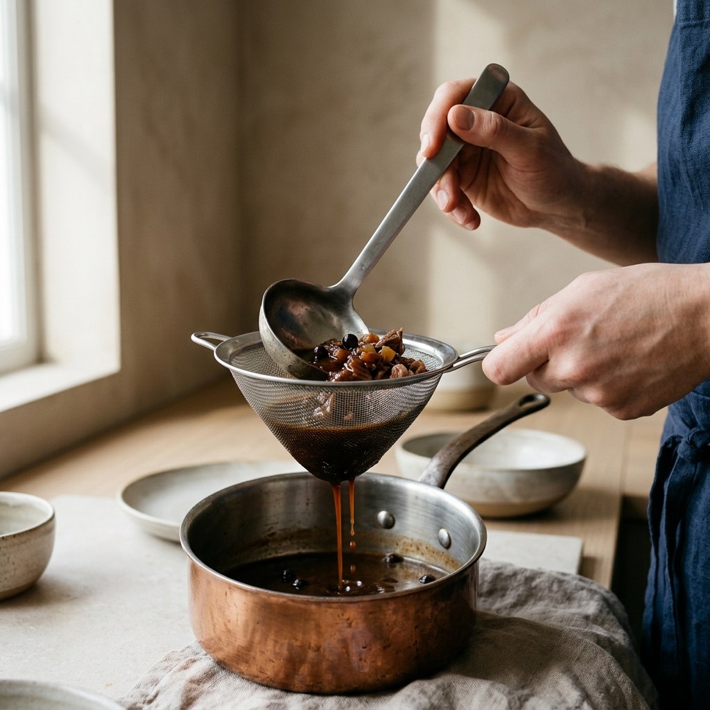 Salsa salmis reduciéndose con vino y enebro y colándose por un chino fino