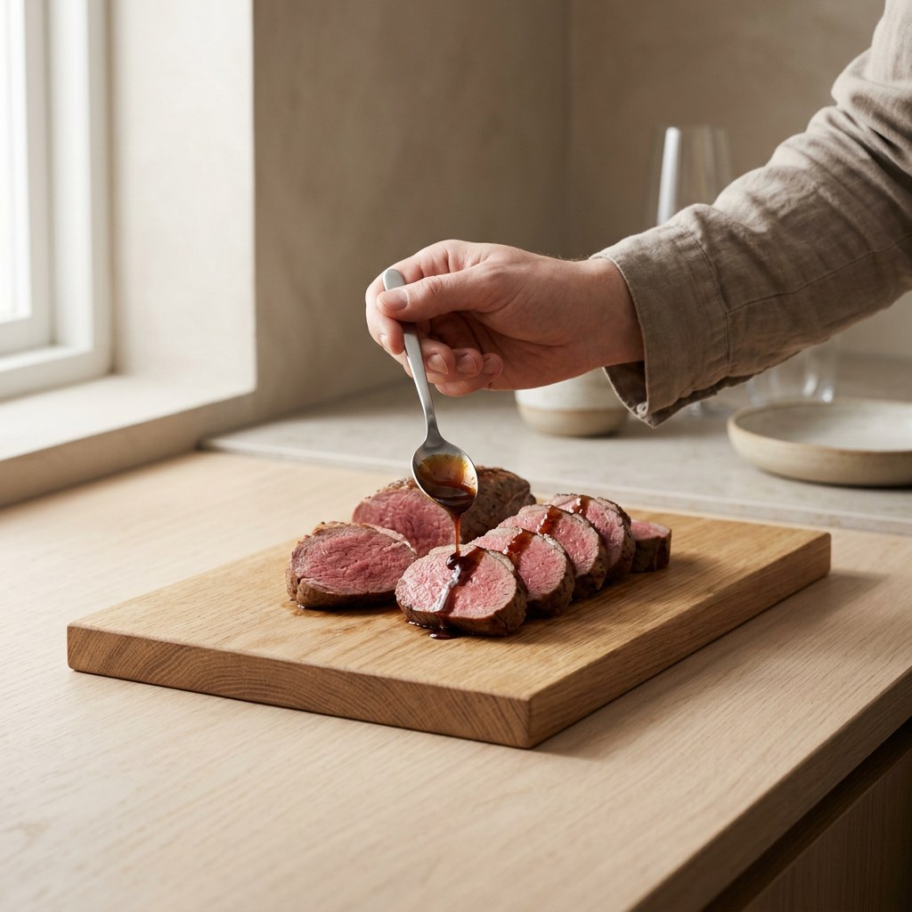 Lomo de venado laminado en medallones rosados glaseándose con la salsa
