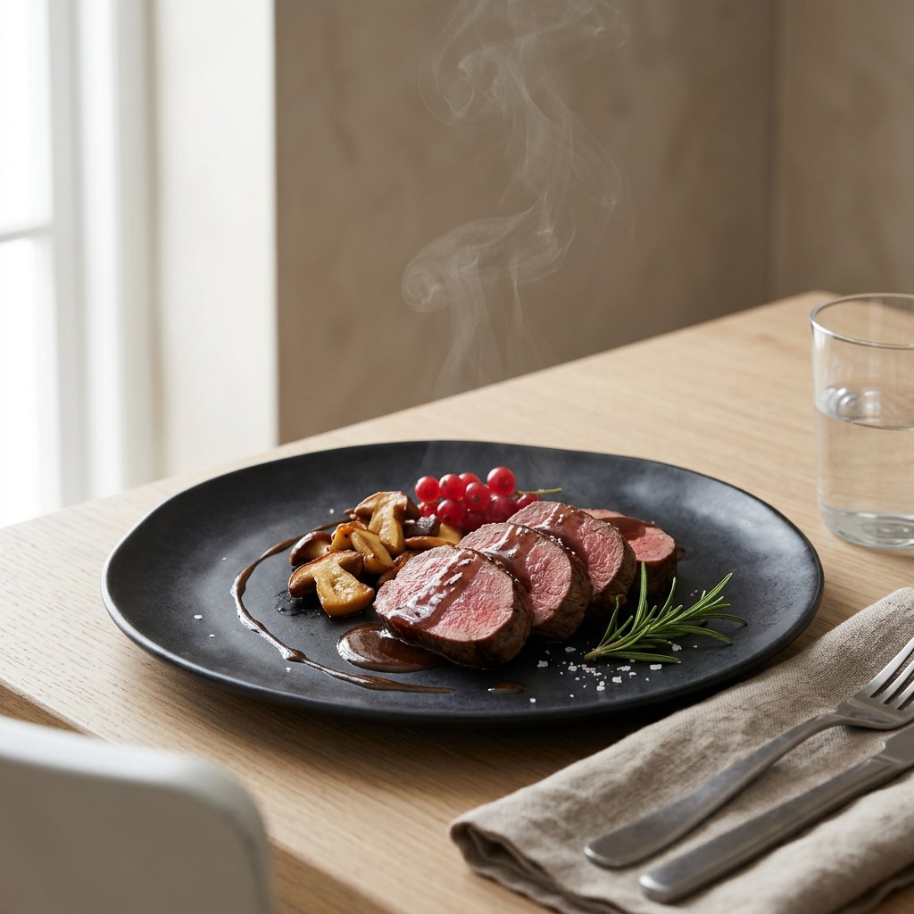 Sliced rare venison loin with glossy salmis sauce, sauteed porcini mushrooms and fresh redcurrants on a matte black plate, soft left window light, faint steam, fine dining presentation