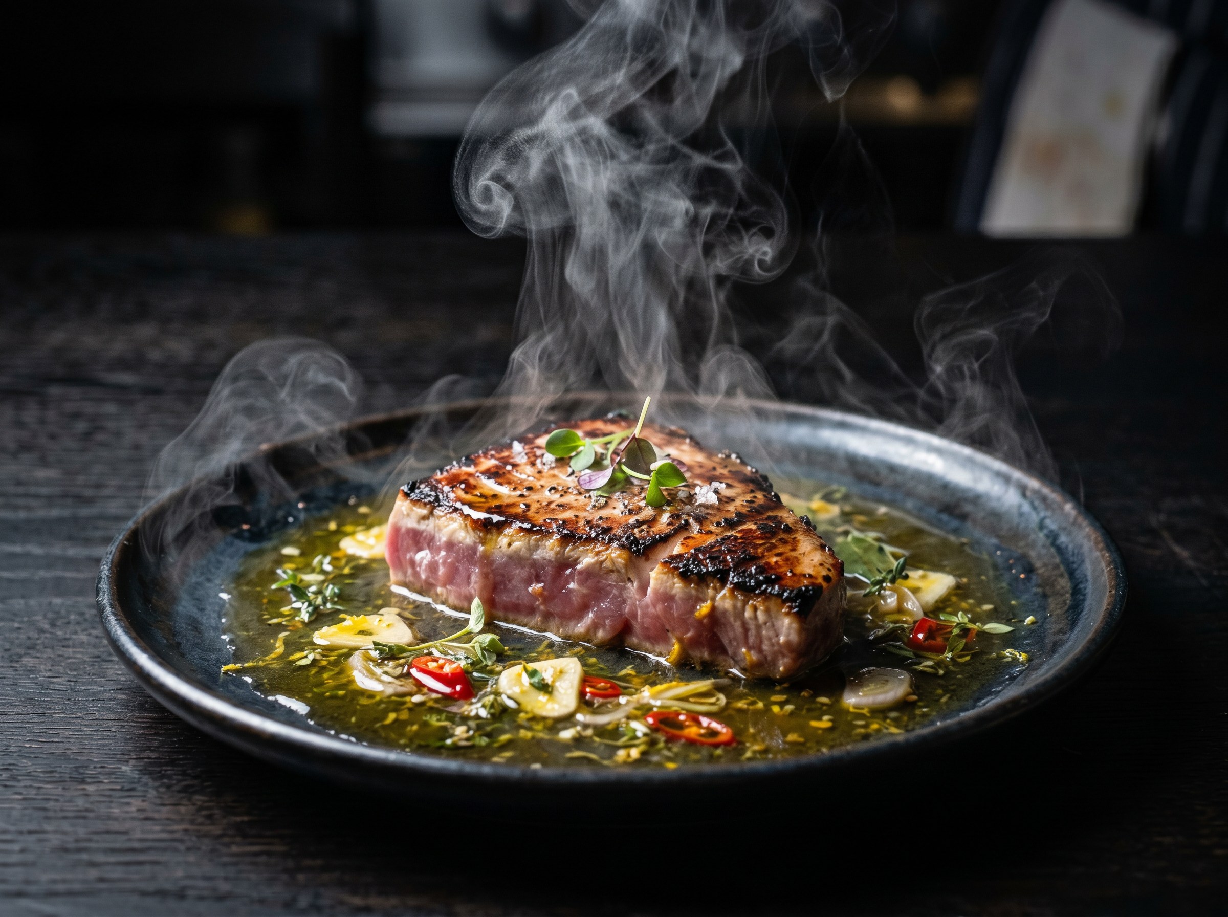Ventresca de atún a la brasa humeante con escabeche cítrico frío