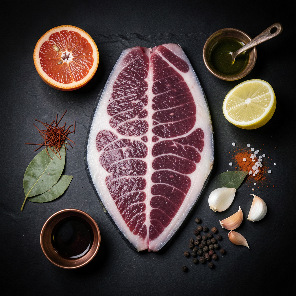 Ventresca de atún rojo de almadraba cruda con marmoleado y escabeche cítrico