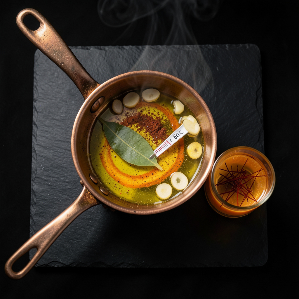 Escabeche cítrico a 60°C en cazo de cobre con azafrán, laurel y pimentón