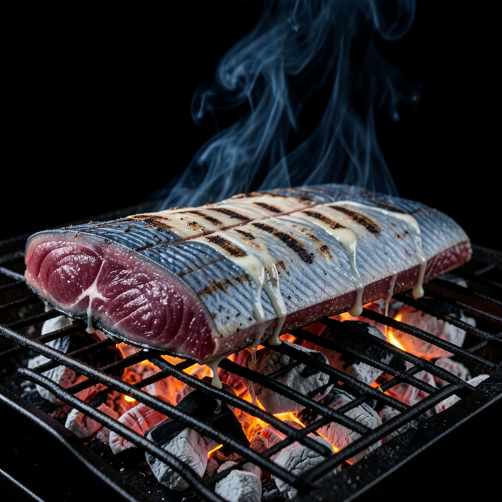 Ventresca de atún rojo a la brasa con grasa intramuscular renderizando sobre brasas