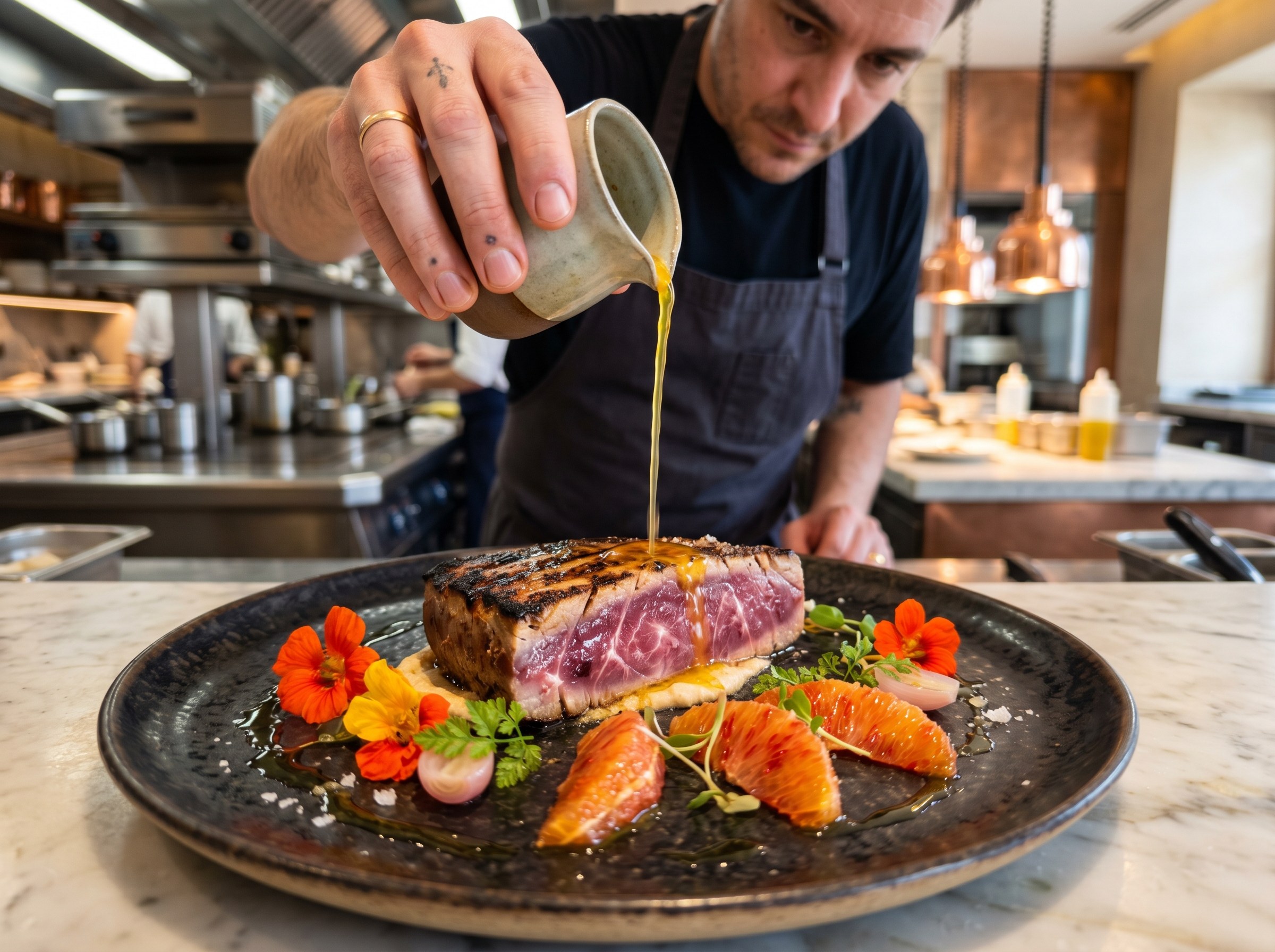 Chef vertiendo escabeche cítrico sobre ventresca a la brasa con naranja sanguina