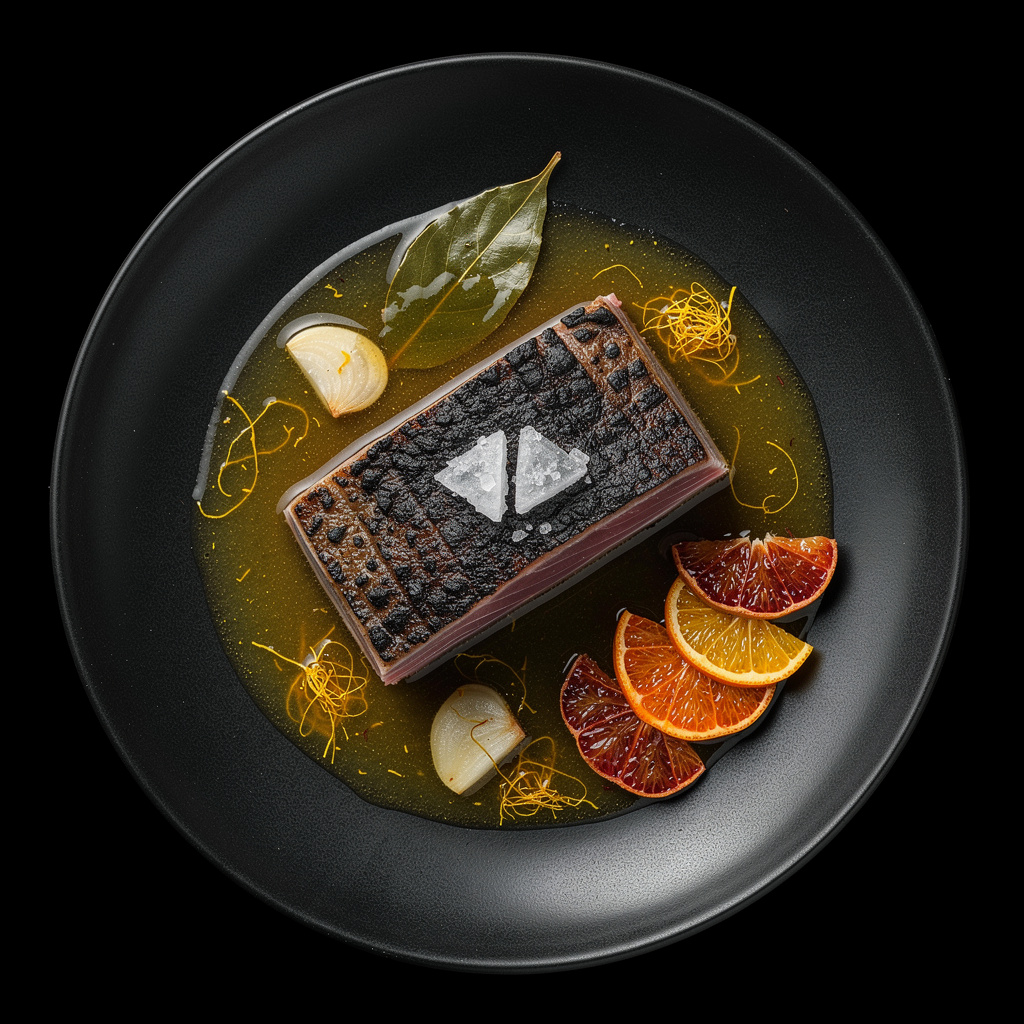 Ventresca de atún rojo de almadraba marcada a la brasa, dorada por fuera y roja por dentro, con escabeche cítrico y pimentón de La Vera.