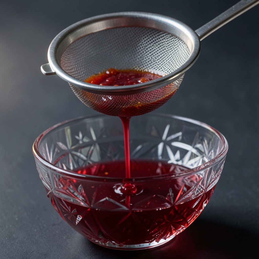 Ponzu de naranja sanguina colándose por tamiz fino, líquido rojo intenso brillante cayendo en hilo sobre cuenco de cristal tallado