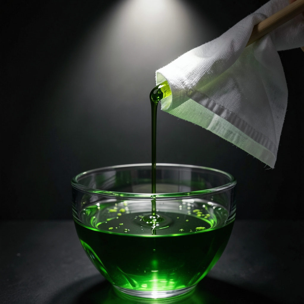 Aceite de cebollino verde brillante drenando por muselina blanca en cuenco de cristal bajo spotlight cenital, fondo negro