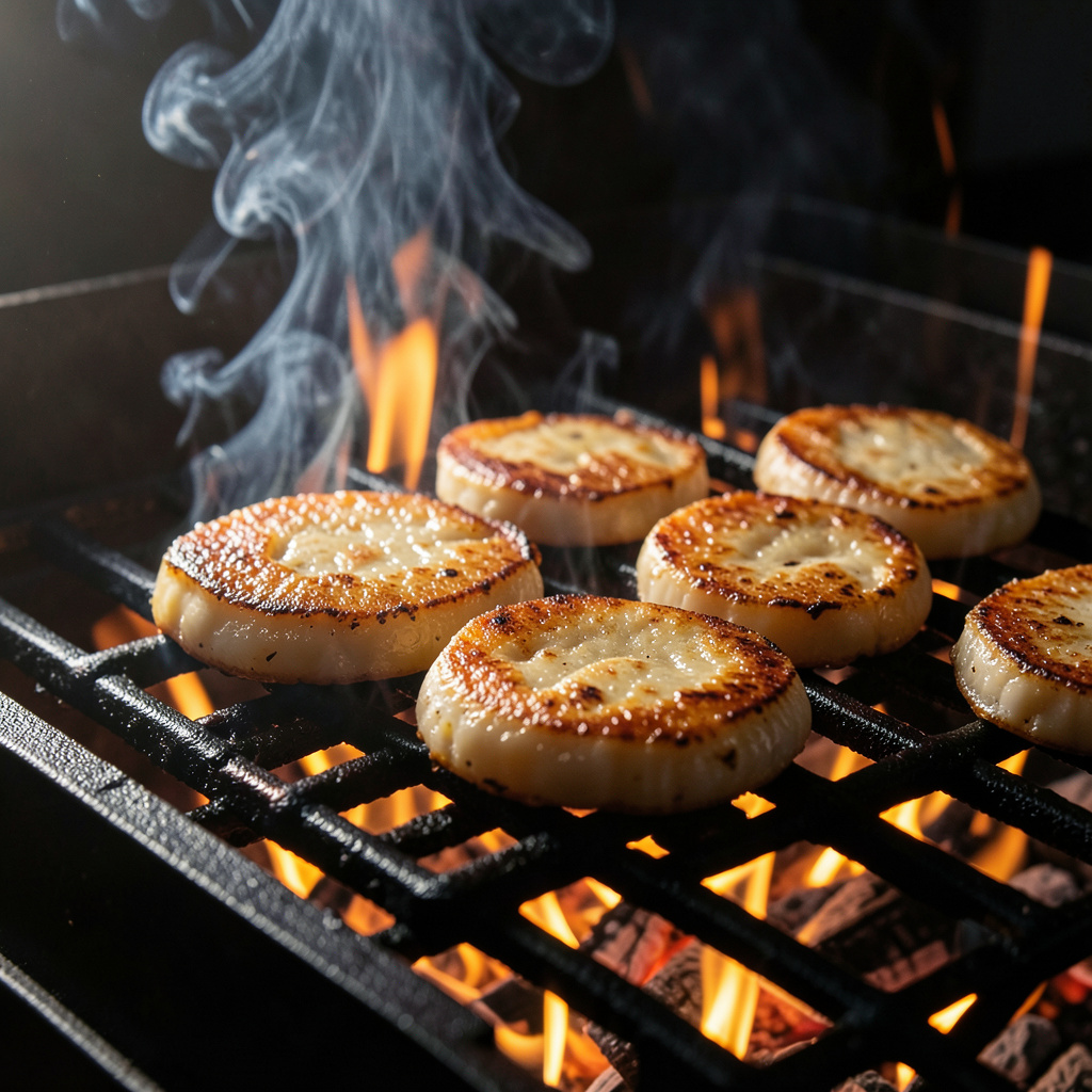 Vieiras cocinándose en parrilla de brasa al rojo vivo con llamas visibles, costra dorada profunda formándose con vapor aromático
