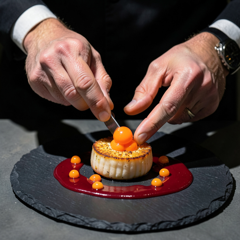 Manos del chef colocando huevas de trucha naranja sobre vieira dorada en ponzu rojo de naranja sanguina en plato de pizarra oscura