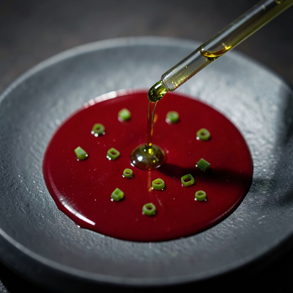 Pipeta aplicando aceite de cebollino amarillo-verde sobre ponzu rojo profundo con cebollino cortado en plato de cerámica oscura