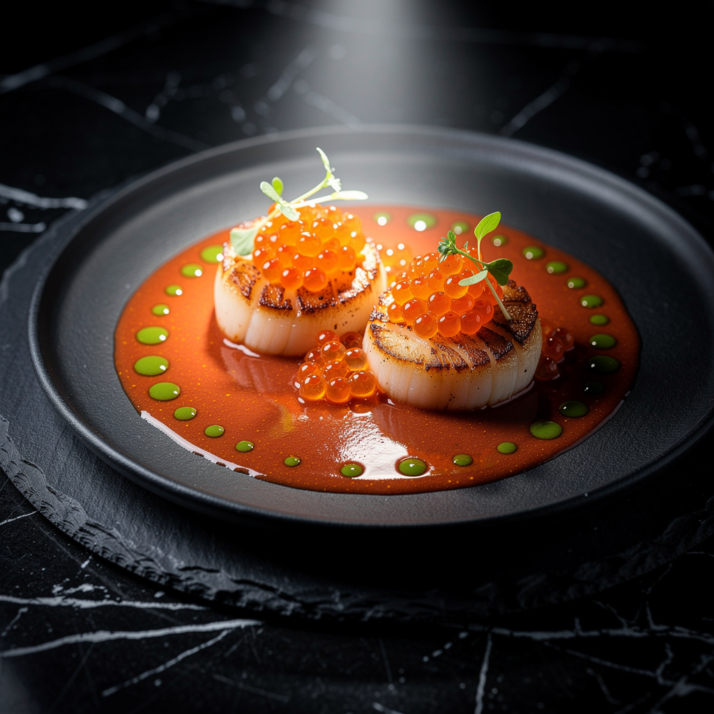 Dos vieiras a la brasa con costra dorada perfecta sobre ponzu de naranja sanguina rojo intenso, huevas de trucha naranja, aceite de cebollino verde y brotes sobre plato de pizarra negra