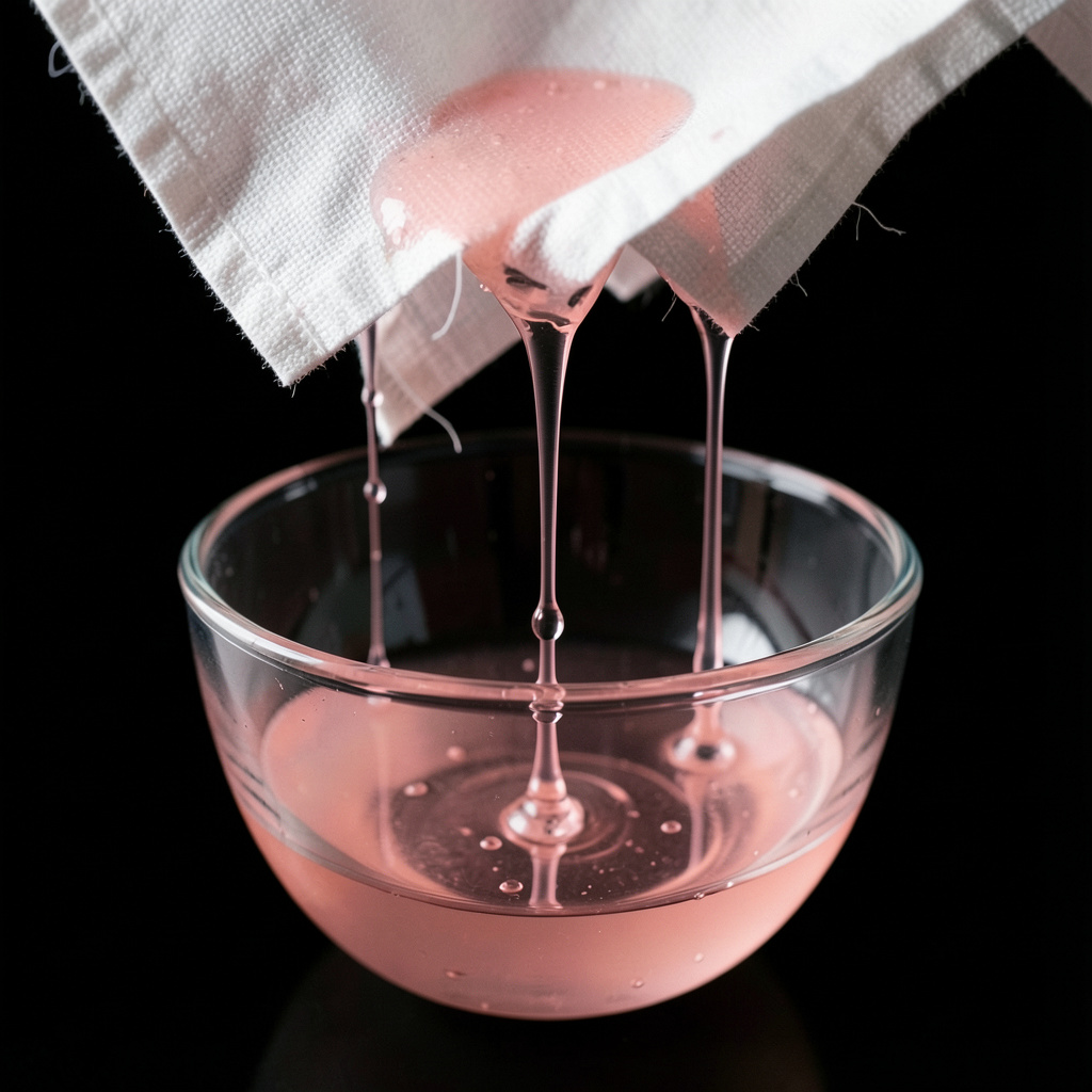 Agua de tomate filtrandose por gravedad a traves de paño de lino, completamente cristalina