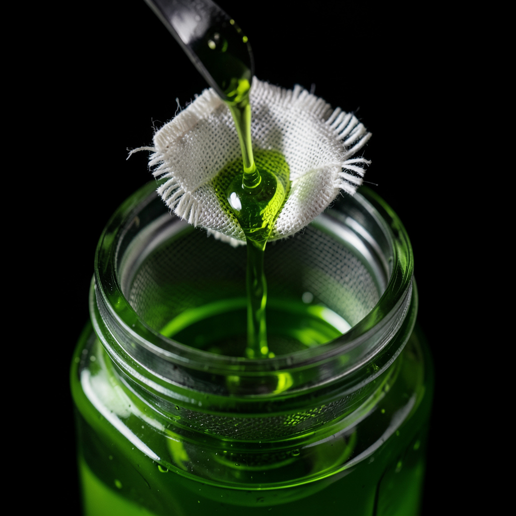 Aceite de albahaca verde esmeralda colado por estameña