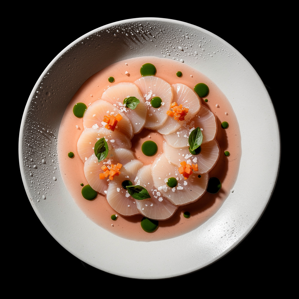 Láminas finas de vieira gallega cruda sobre agua de tomate cristalina, con gotas de aceite de albahaca verde y flor de sal.