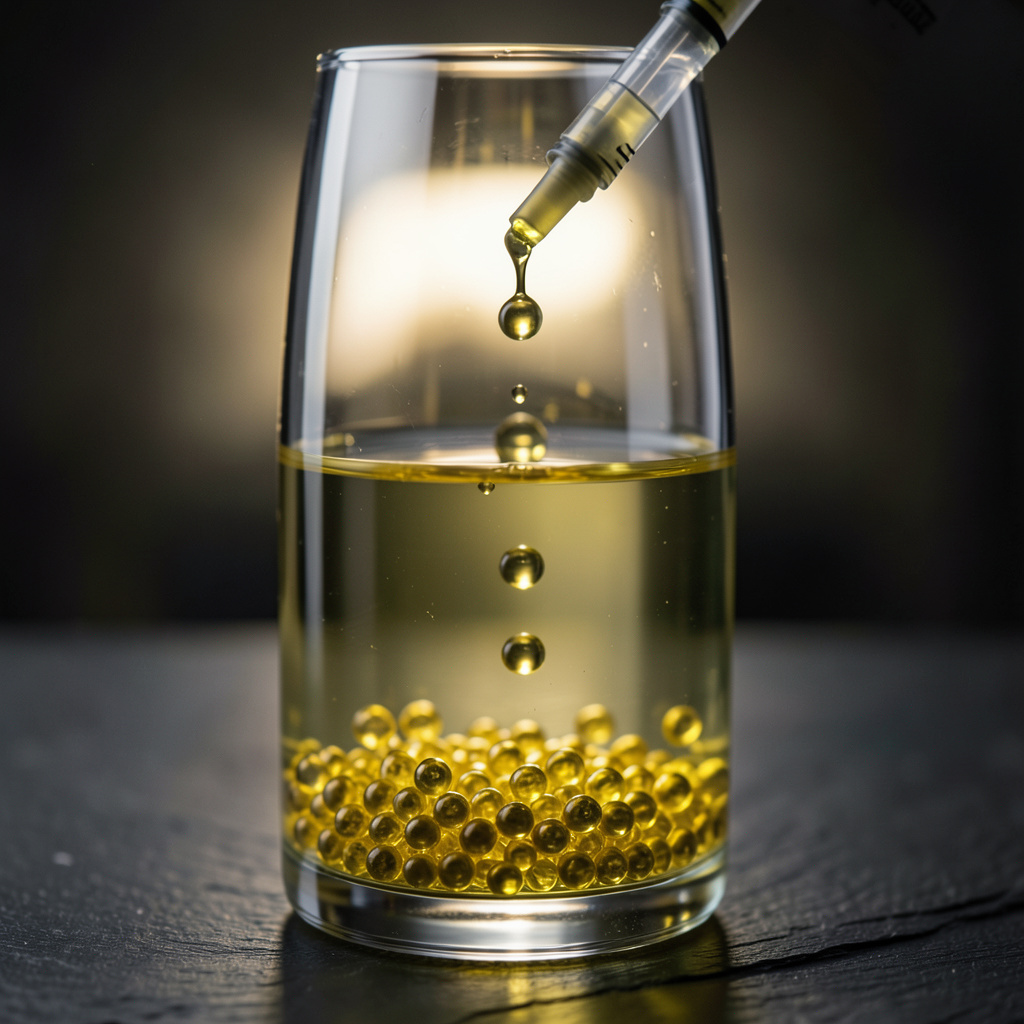 Esferificación del aceite de oliva virgen extra — caviar dorado formándose