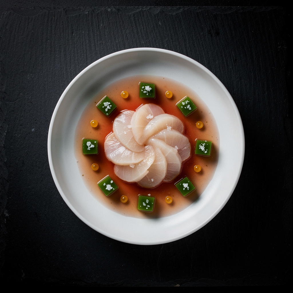 Vieira cruda con agua de tomate, gel de albahaca y caviar de aceite de oliva — emplatado final