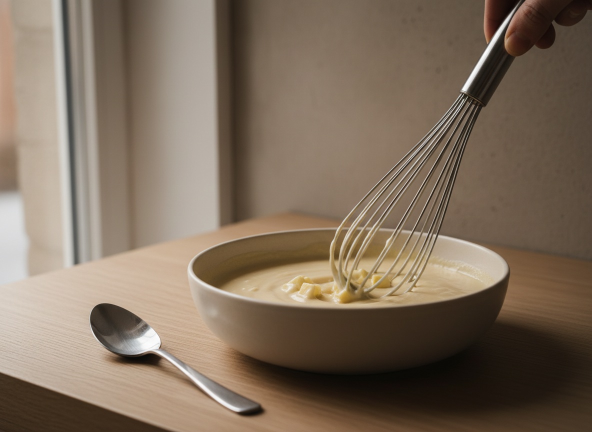 Beurre blanc montándose con dados de mantequilla batidos con varillas.