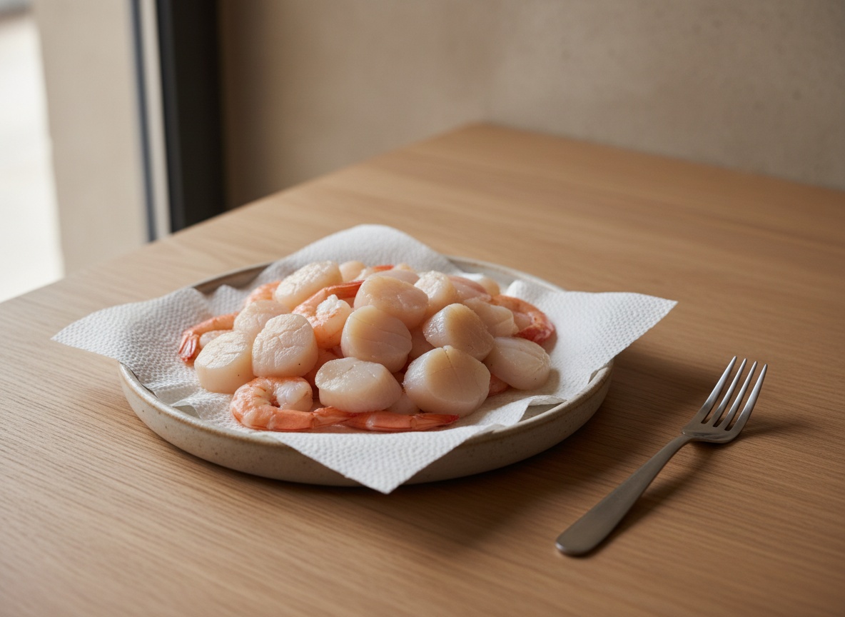 Vieiras y langostinos secándose con papel de cocina antes de sellar.