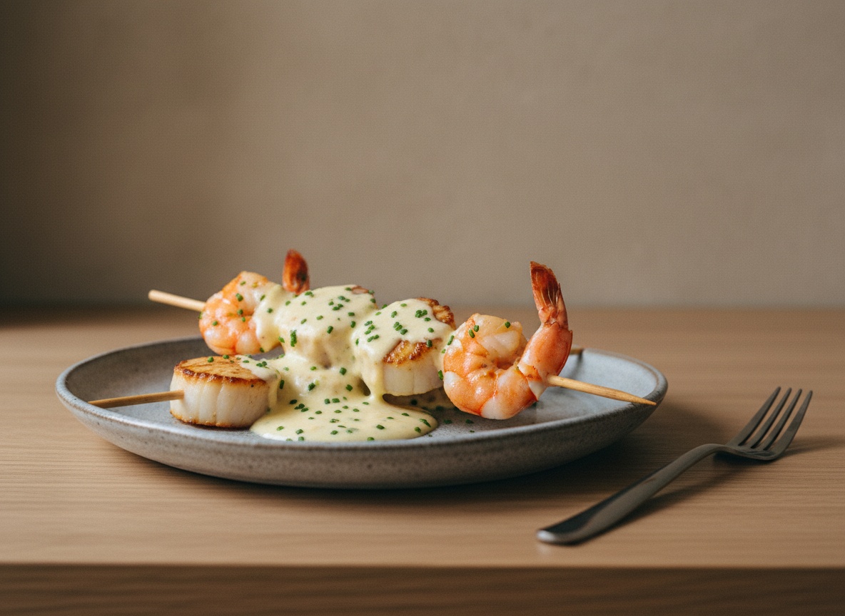 Brochetas de vieira y langostino selladas y doradas, napadas con beurre blanc, servidas en un plato de cerámica artesanal sobre tabla de roble con luz natural.