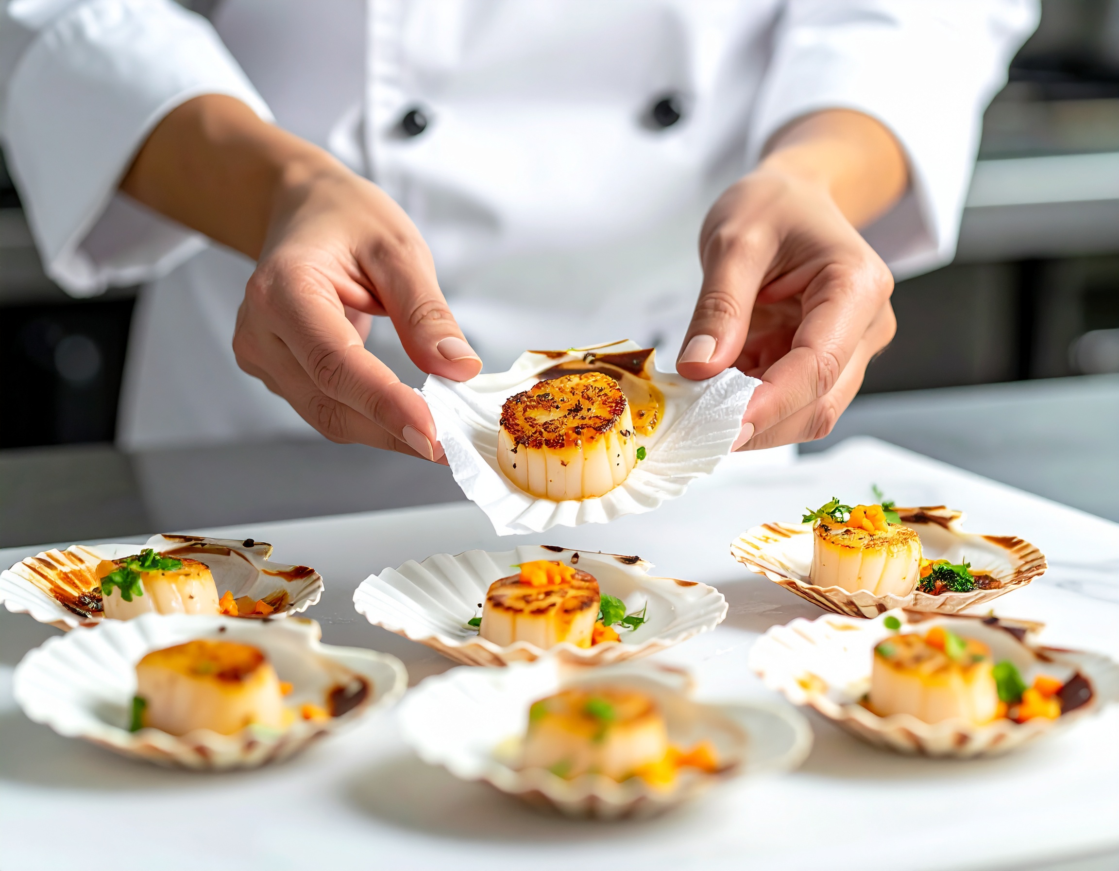 Chef colocando vieira dorada chamuscada en su concha con papel — múltiples vieiras emplatadas en conchas con coral naranja