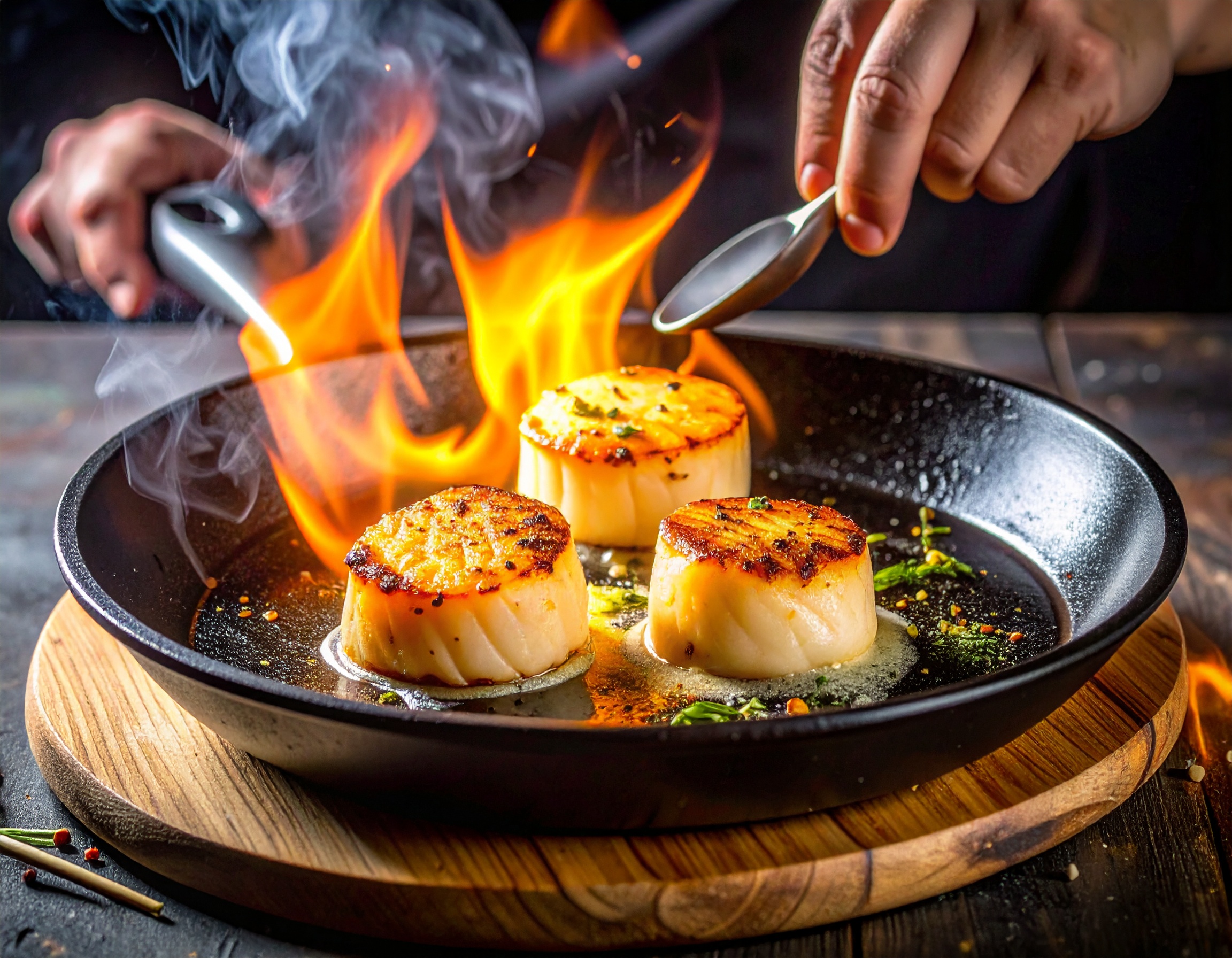 Tres vieiras enormes sellándose en sartén negra con llamas dramáticas y humo — chef napando con cuchara, costra dorada perfecta