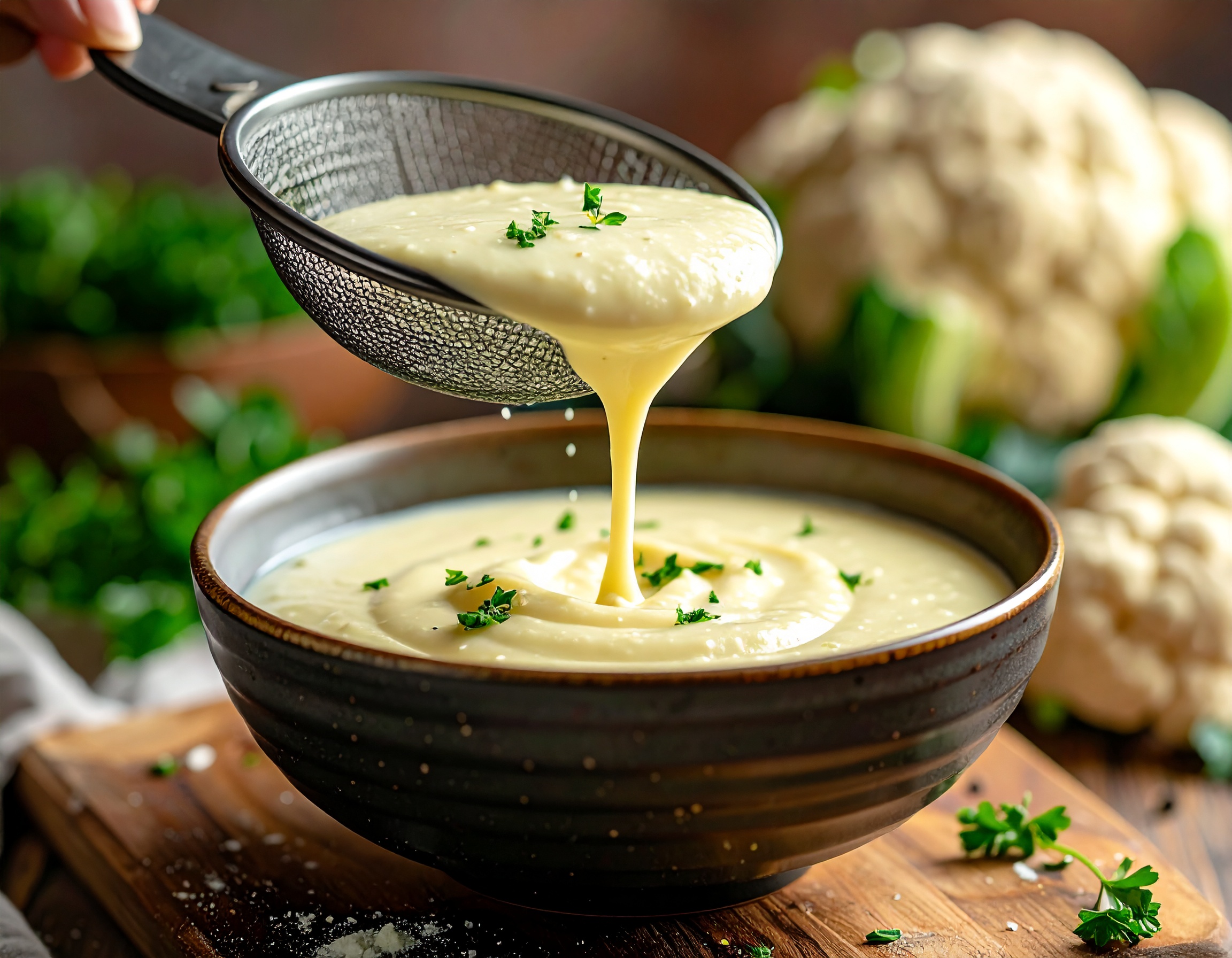 Puré cremoso de coliflor colándose por tamiz fino sobre bol cerámico oscuro — textura sedosa cayendo, coliflor fresca al fondo