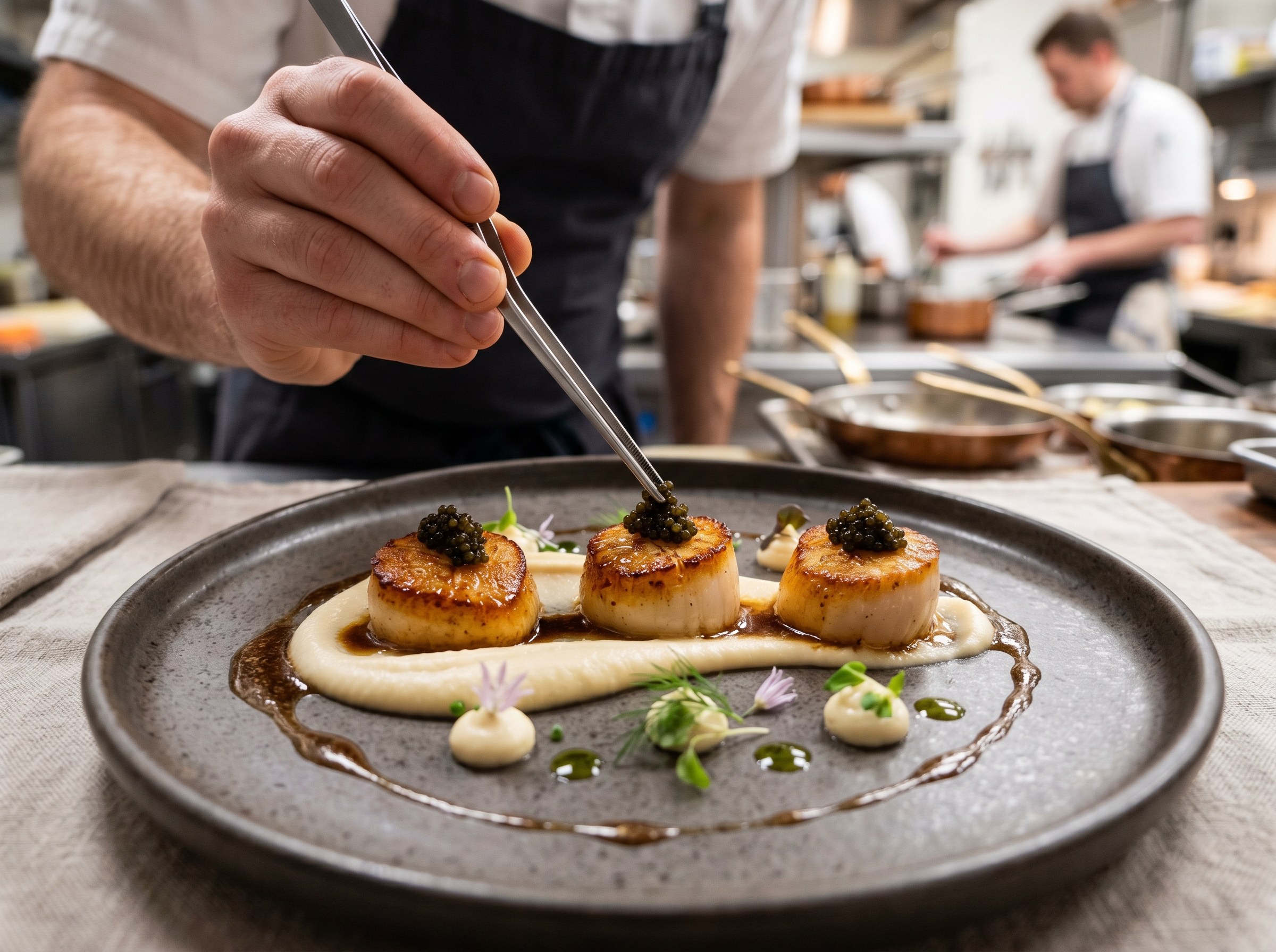 Chef colocando caviar osietra con pinzas de precisión sobre tres vieiras chamuscadas en plato cerámico gris — cocina de restaurante al fondo