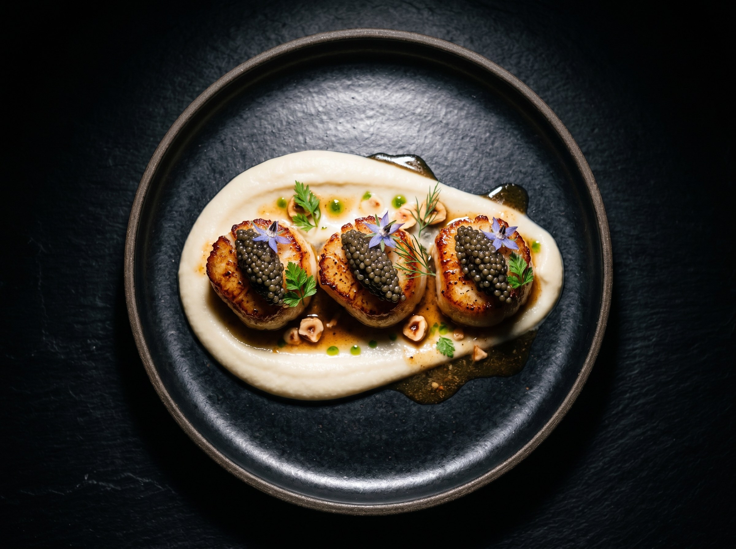 Tres vieiras chamuscadas con costra dorada, puré de coliflor y caviar sobre plato blanco