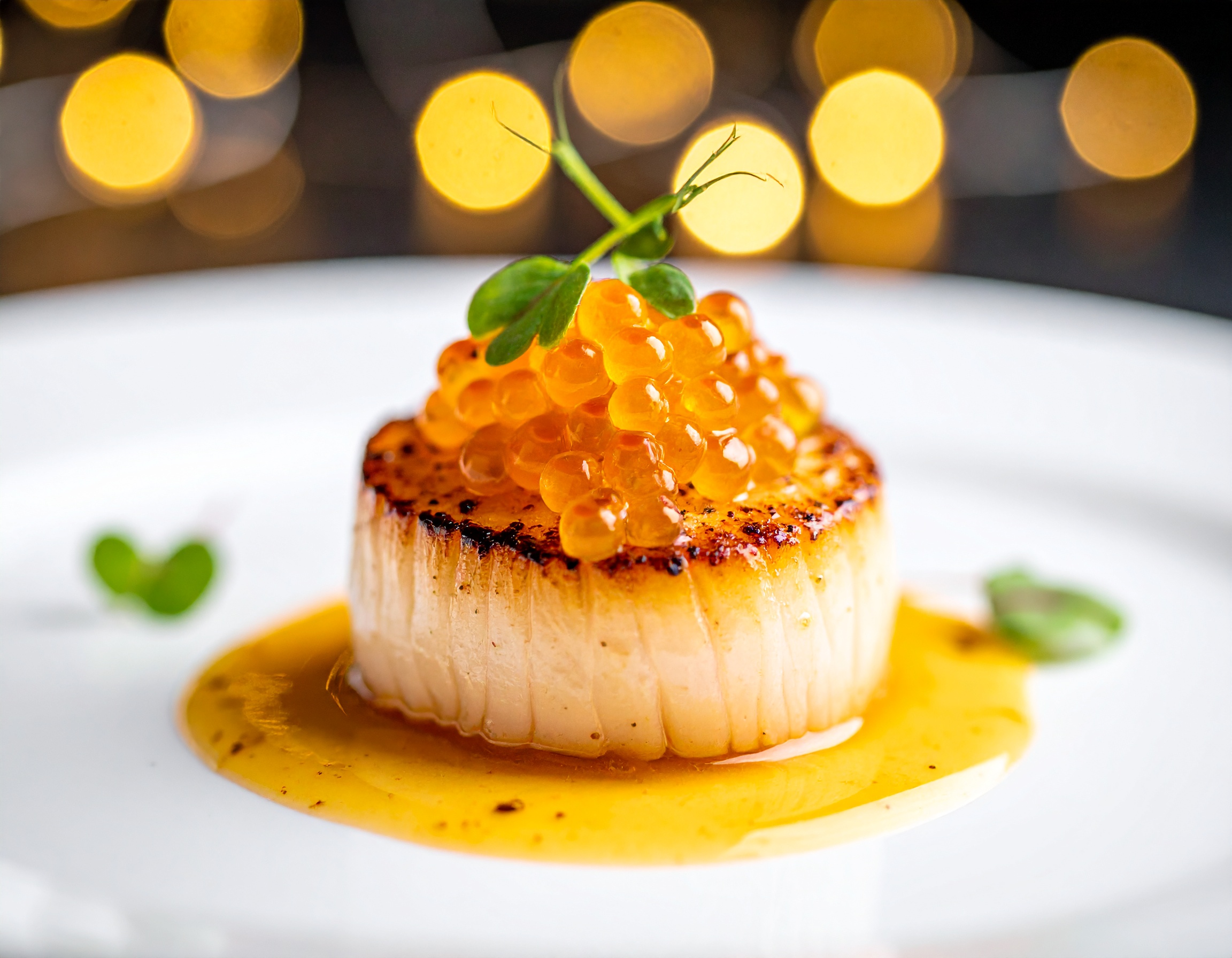 Macro de vieira a la plancha coronada con perlas de yuzu sobre crema cítrica