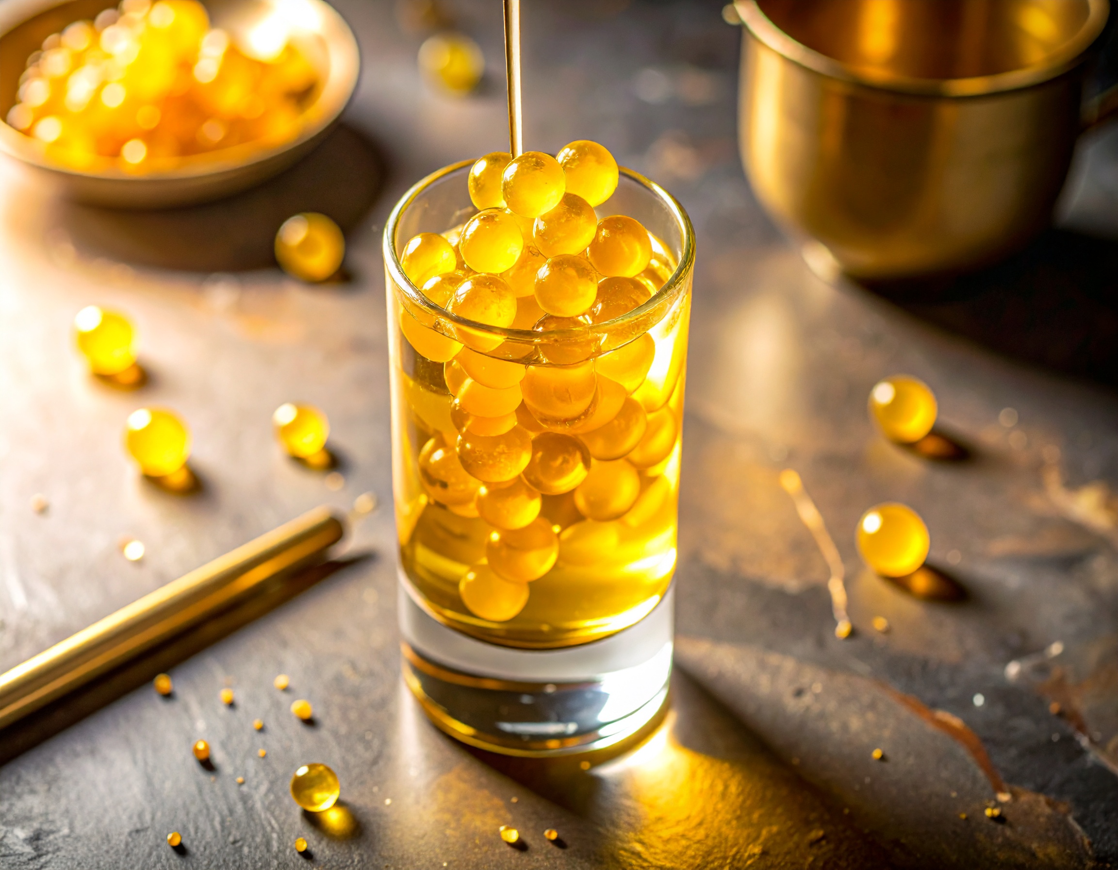 Perlas de yuzu doradas formándose en vaso de aceite frío, esferificación molecular