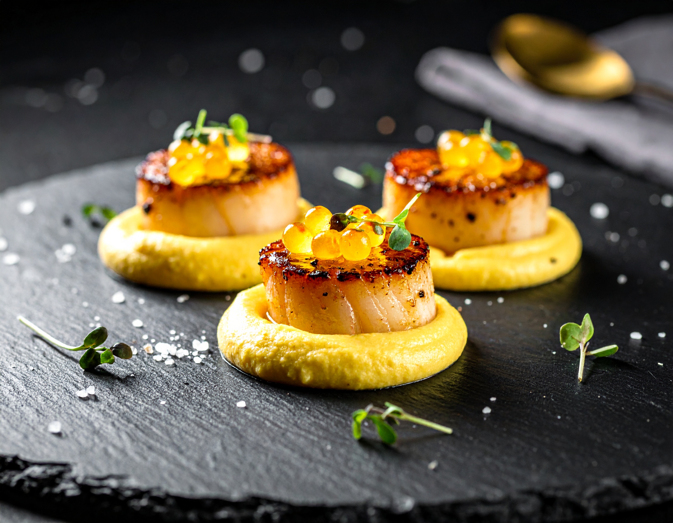 Detalle de tres vieiras doradas con perlas de yuzu y microbrotes sobre crema de coliflor
