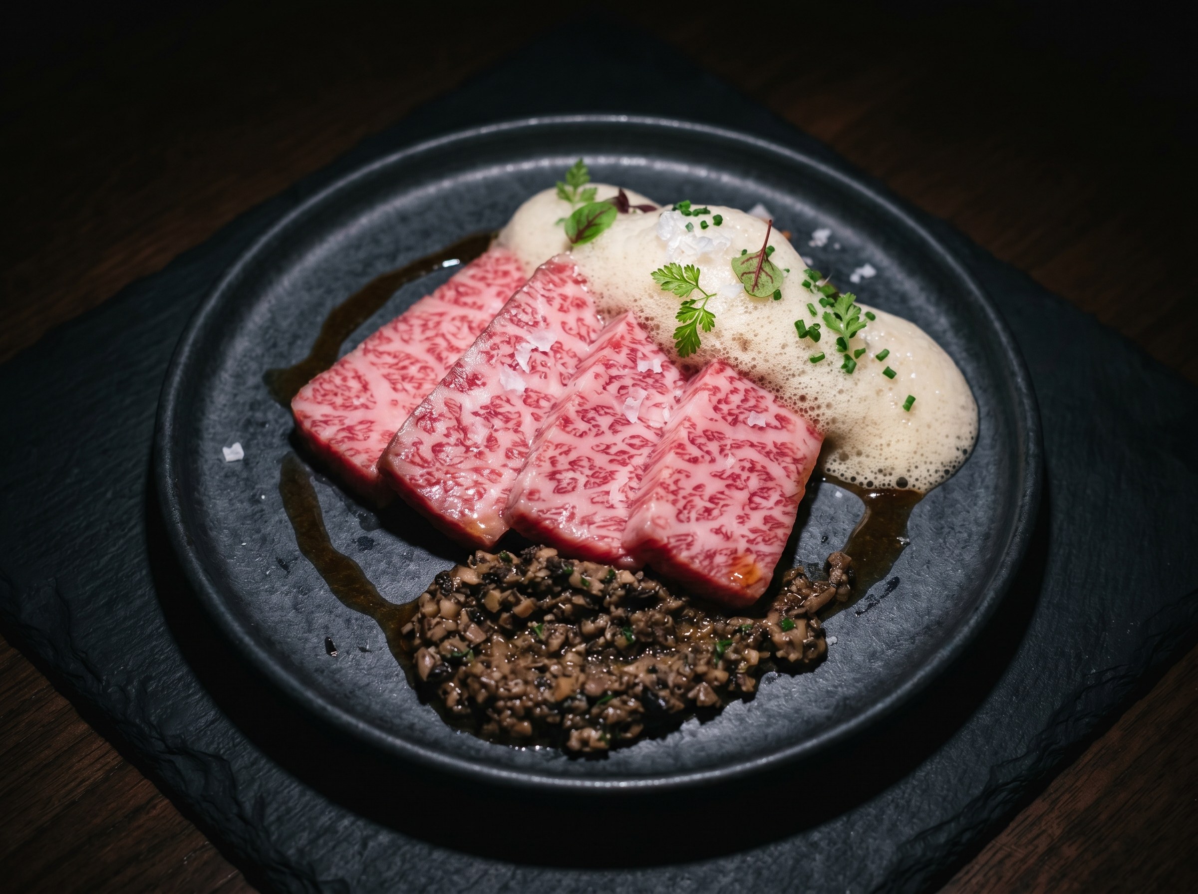 Hero shot: wagyu A5 con marmoleado extremo, duxelles de trufa y aire de tuétano