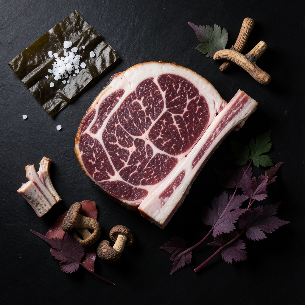 Mise en place: corte de wagyu A5 marmoleado, huesos de tuétano en T, recortes de jamón ibérico, alga kombu seca y boletus deshidratados sobre pizarra negra